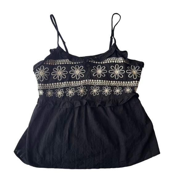 Tops - Floral Embroidered Cotton Babydoll Peplum Cami Top L Ruffle Boho Cottagecore